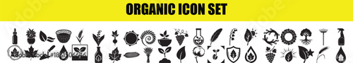 Comprehensive organic icon set with variety of plants flowers garden tools and ecological elements in black silhouette