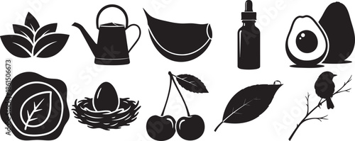 Healthy organic food and nature elements icons in silhouette on transparent background set