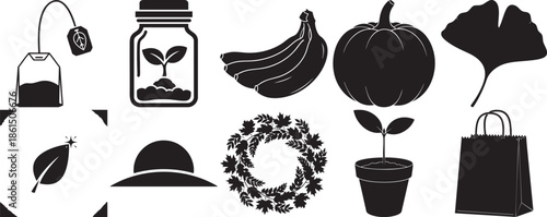 Natural lifestyle and eco friendly product icons in silhouette on transparent background bundle