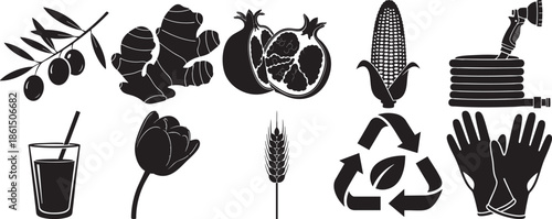 Natural organic food icons set with fruits vegetables gardening tools and eco friendly symbols on transparent background