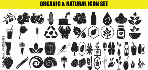 Natural icon collection featuring ginger pomegranate corn and various garden tools for sustainable lifestyle branding