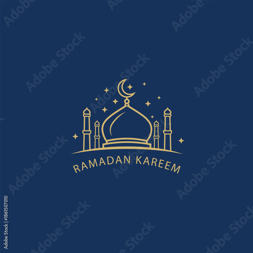Ramadan Kareem Mosque Line Art with Crescent Moon – Islamic Holiday Greeting Vector Illustration