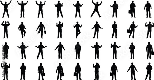 Set of diverse business people silhouettes in different poses showing emotions, gestures, teamwork, leadership, walking, standing, professional activities vector illustration