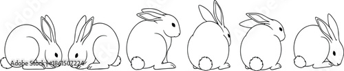 Cute rabbit line art set showing bunny silhouettes in different poses, minimal outline style, animal illustration collection vector design