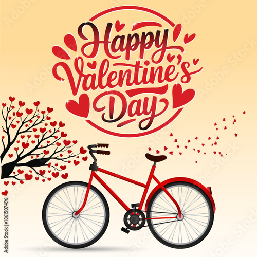 A festive Valentine's Day illustration featuring a red bicycle parked beneath a decorative 'Happy Valentine's Day' message. A tree with heart-shaped leaves adds to the romantic theme.