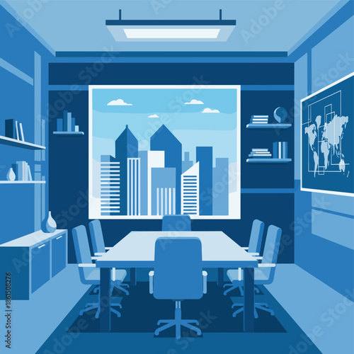 Stylized illustration of a blue toned meeting room. Could be used for articles, websites, or other business related design or advertisements.