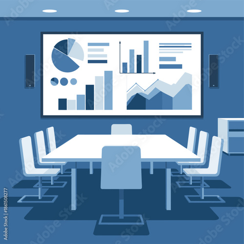 A clean, modern boardroom setting with charts and graphs on display. Perfect for illustrating meetings, financial reviews, and presentations. Use for 