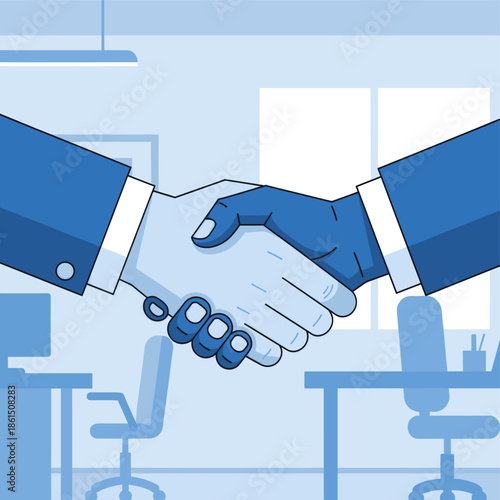 Illustration of a handshake between two business people in an office, symbolizing an agreement or partnership. Use for marketing, advertising or busin