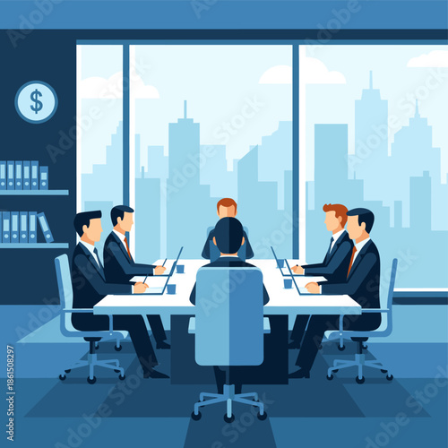 Stylized illustration of business executives in a boardroom. Ideal for visualizing company meetings, strategy sessions, and decision-making processes.