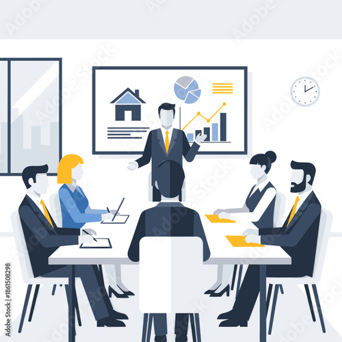 A business presentation being given to a group of colleagues. This illustration could be used for marketing materials, website design or social media.