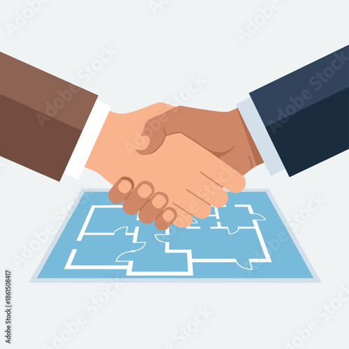 Illustration of a handshake over a home blueprint. Ideal for demonstrating cooperation on real estate deals, buying property, or architectural project