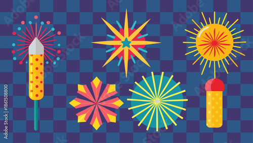 A vibrant display of colorful fireworks bursting against a checkered blue background a striking silhouette