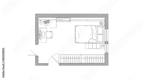 Floor plan of a compact bedroom with desk, bed, and closet space