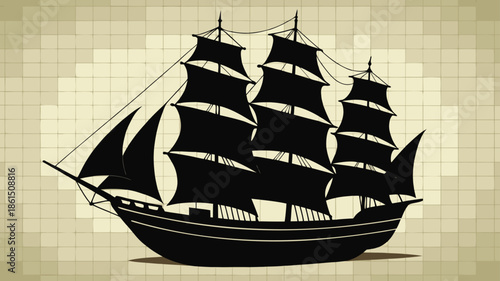An antique styled depiction of a majestic sailing ship against a patterned background silhouette high quality