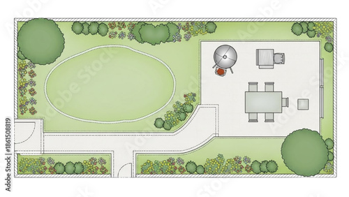 Top-down garden design plan with patio, outdoor furniture, BBQ, lawn, and landscaping