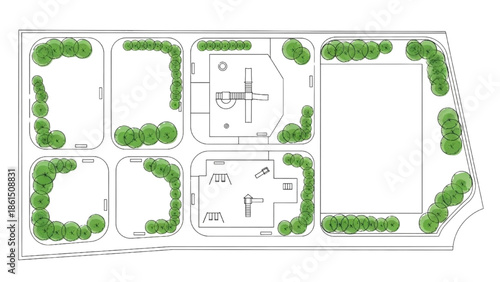 Top-down architectural drawing illustrating a modern park layout with distinct play areas and green spaces, ideal for urban planning projects