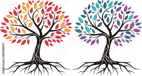 vibrant colorful trees with detailed foliage and exposed roots presented as a striking dark silhouette