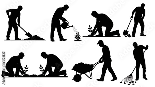 Diverse Silhouettes Illustrating Various Gardening and Landscaping Activities for Cultivation and Yard Maintenance