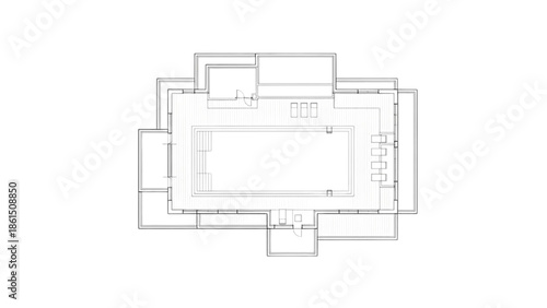 Minimalist Architectural Blueprint Illustrating a Modern Home Layout with Central Swimming Pool Design