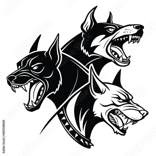 A striking depiction of three doberman heads layered together in a bold black and white silhouette