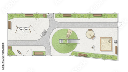 Top-down view of a modern playground layout with swings, slide, and sandpit