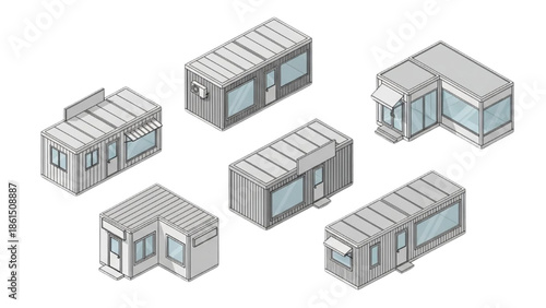 Isometric collection of modern modular commercial buildings and small shops, ideal for urban planning and design