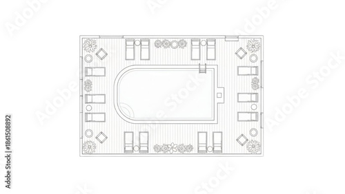 Top-down architectural plan of a luxury resort pool area with lounge chairs and trees