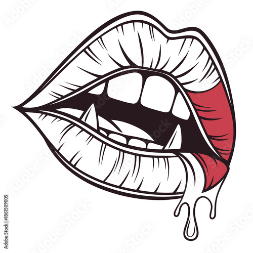 A striking illustration of parted lips with a visible tooth and dripping red a bold silhouette