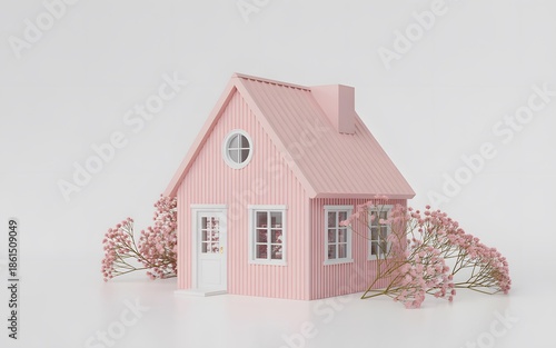 A small, decorative model house is painted in pastel pink with vertical siding and a gabled roof.