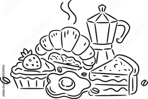 A charming black and white illustration showcasing a delightful breakfast spread