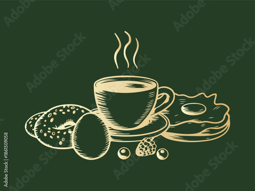 A detailed illustration of breakfast items coffee bagel egg and fruit