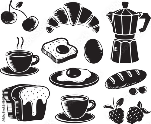 A classic breakfast composition featuring coffee pastries and fried eggs