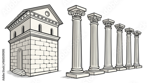 Ancient greek architecture featuring a small building and a row of columns in a detailed silhouette
