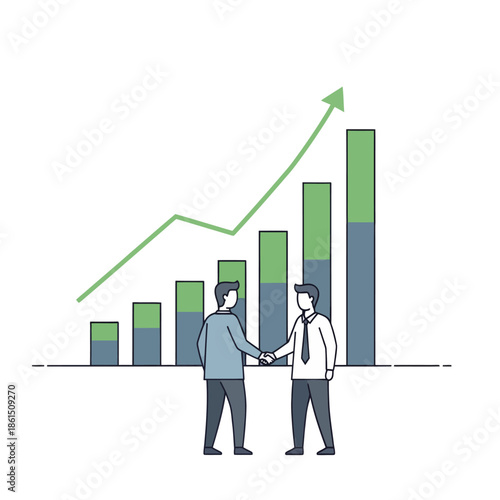 Business growth concept: two men shaking hands near rising bar chart and upward trending graph.