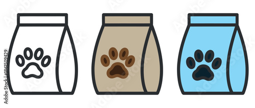 Collection of three distinct pet food bags featuring paw print design icons