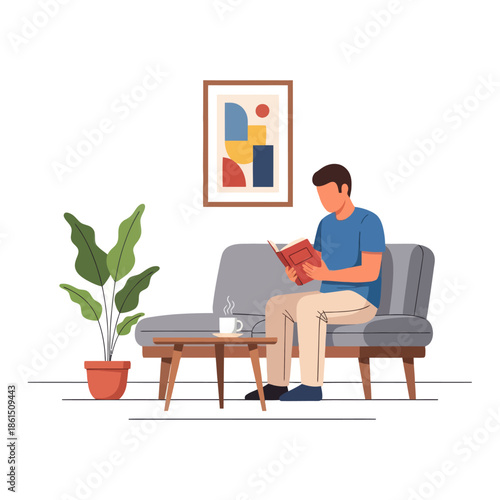 Man Reading Book on Sofa in Modern Living Room with Plant