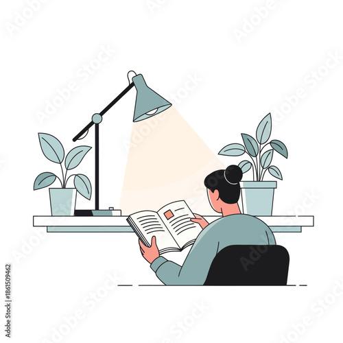 Woman reading book under desk lamp with plants, studying and learning concept