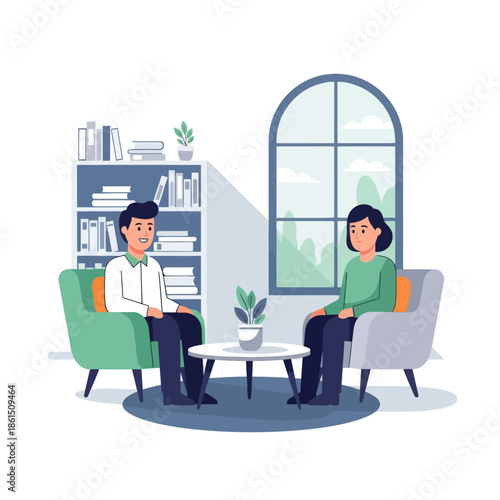 Psychotherapy session: man and woman talking in cozy office, bookshelf and window view
