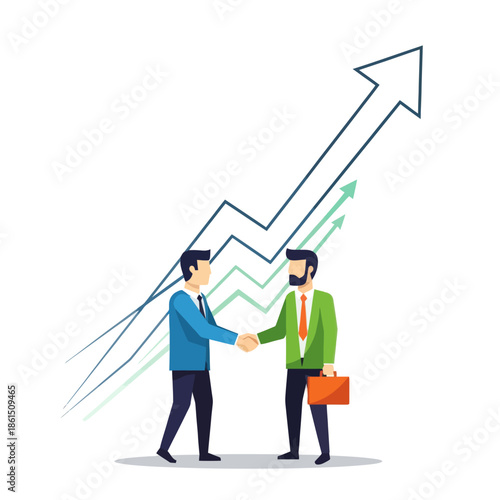 Businessmen shaking hands with rising growth arrow graph, success and partnership concept