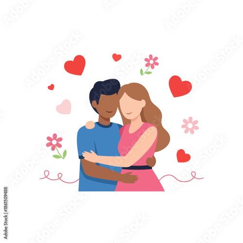 Diverse Couple Hugging Affectionately with Hearts and Flowers Decoration