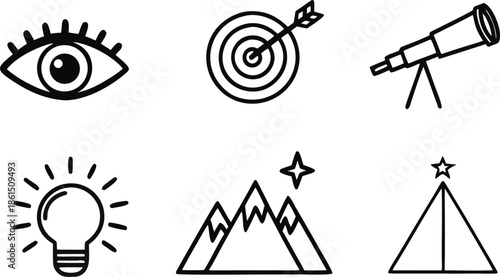 A collection of outlined icons depicting vision goals exploration and inspiration a striking silhouette high quality