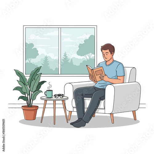 Man reading a book in a cozy armchair by the window with a plant and coffee