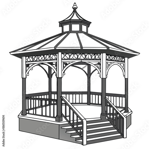 a detailed illustration of an ornate victorian gazebo structure with architectural steps and a dark silhouette