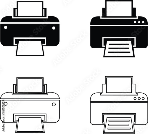 Printer icon set with paper, inkjet printer symbol vector collection in flat and line art style.