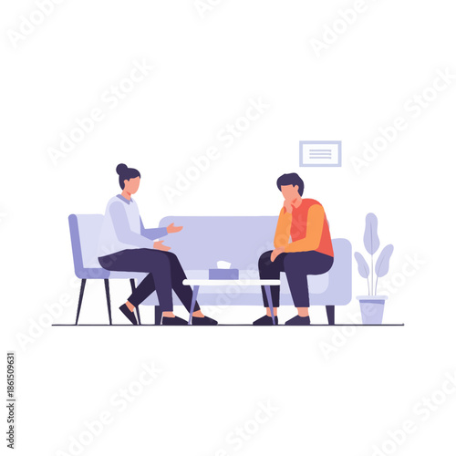 Psychotherapy session: patient talking to therapist on couch, mental health support