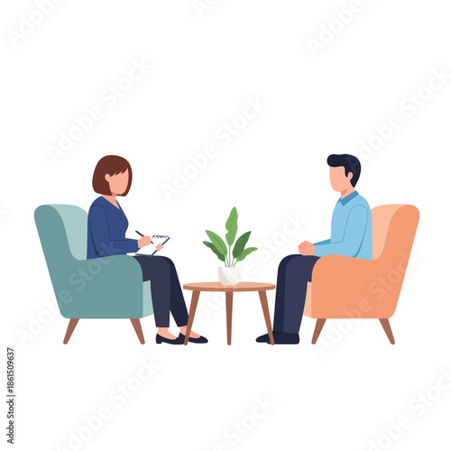 Psychologist counseling patient in chairs with plant on table, flat illustration