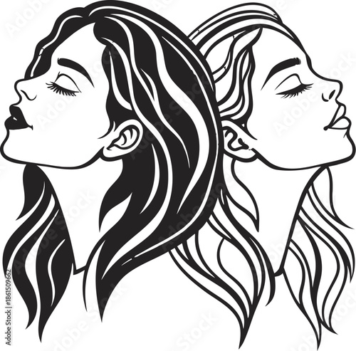 Two women facing opposite directions depicted in grayscale with delicate shading a striking artistic silhouette