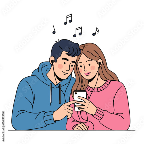 Couple Sharing Music on Smartphone with Earphones, Listening Together