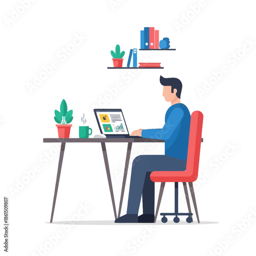 Man working on laptop at desk with plants and books, flat vector illustration