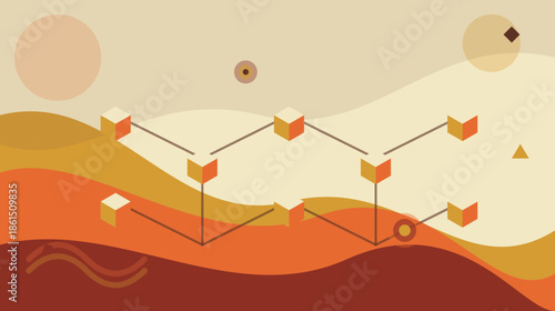 Abstract representation of blockchain technology with connected cubes in warm, layered, retrostyle background
